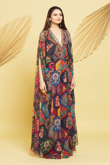 Buy Rajat K Tangri Multi Color Georgette Embroidery V-neck Mughal Jaal Motifs Draped Jumpsuit Online at Aza Fashions Buy_Rajat K Tangri_Multi Color Georgette Embroidery V-neck Mughal Jaal Motifs Draped Jumpsuit _Online_at_Aza_Fashions