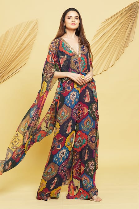Shop Rajat K Tangri Multi Color Georgette Embroidery V-neck Mughal Jaal Motifs Draped Jumpsuit Online at Aza Fashions Shop_Rajat K Tangri_Multi Color Georgette Embroidery V-neck Mughal Jaal Motifs Draped Jumpsuit _Online_at_Aza_Fashions