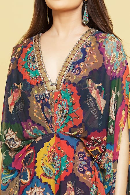 Rajat K Tangri Multi Color Georgette Embroidery V-neck Mughal Jaal Motifs Draped Jumpsuit at Aza Fashions Rajat K Tangri_Multi Color Georgette Embroidery V-neck Mughal Jaal Motifs Draped Jumpsuit _at_Aza_Fashions