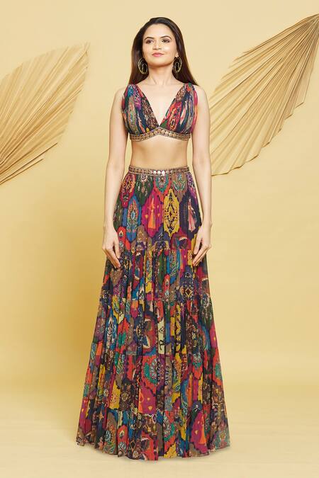 Rajat K Tangri Multi Color Georgette Zari V-neck Mughal Jaal Motifs Long Cape And Flared Pant Set Online at Aza Fashions Rajat K Tangri_Multi Color Georgette Zari V-neck Mughal Jaal Motifs Long Cape And Flared Pant Set _Online_at_Aza_Fashions