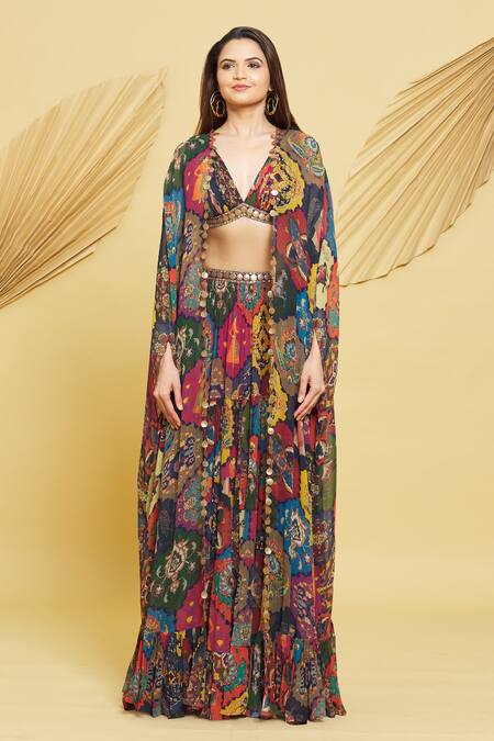 Buy Rajat K Tangri Multi Color Georgette Zari V-neck Mughal Jaal Motifs Long Cape And Flared Pant Set Online at Aza Fashions Buy_Rajat K Tangri_Multi Color Georgette Zari V-neck Mughal Jaal Motifs Long Cape And Flared Pant Set _Online_at_Aza_Fashions