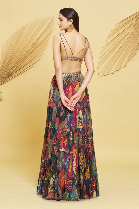 Rajat K Tangri Multi Color Georgette Zari V-neck Mughal Jaal Motifs Long Cape And Flared Pant Set at Aza Fashions Rajat K Tangri_Multi Color Georgette Zari V-neck Mughal Jaal Motifs Long Cape And Flared Pant Set _at_Aza_Fashions