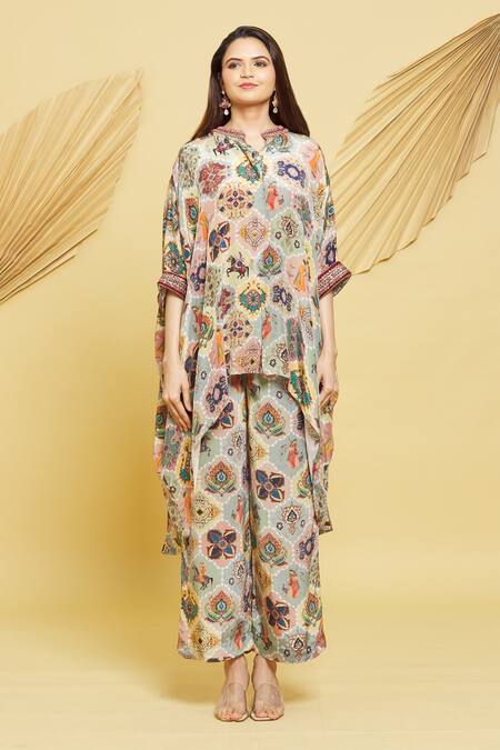 Rajat K Tangri Multi Color Crepe Embroidery Bandeau Neck Mughal Motifs Kaftan Tunic And Pant Set Online at Aza Fashions Rajat K Tangri_Multi Color Crepe Embroidery Bandeau Neck Mughal Motifs Kaftan Tunic And Pant Set _Online_at_Aza_Fashions