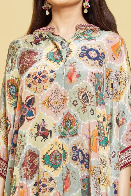 Shop Rajat K Tangri Multi Color Crepe Embroidery Bandeau Neck Mughal Motifs Kaftan Tunic And Pant Set Online at Aza Fashions Shop_Rajat K Tangri_Multi Color Crepe Embroidery Bandeau Neck Mughal Motifs Kaftan Tunic And Pant Set _Online_at_Aza_Fashions