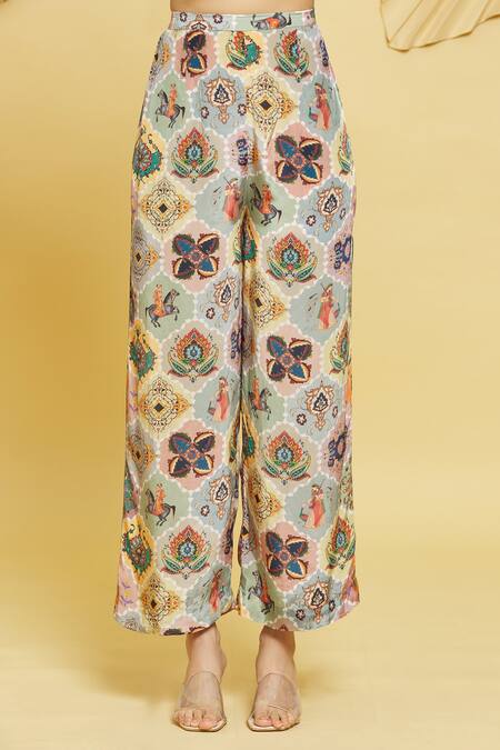 Rajat K Tangri Multi Color Crepe Embroidery Bandeau Neck Mughal Motifs Kaftan Tunic And Pant Set at Aza Fashions Rajat K Tangri_Multi Color Crepe Embroidery Bandeau Neck Mughal Motifs Kaftan Tunic And Pant Set _at_Aza_Fashions