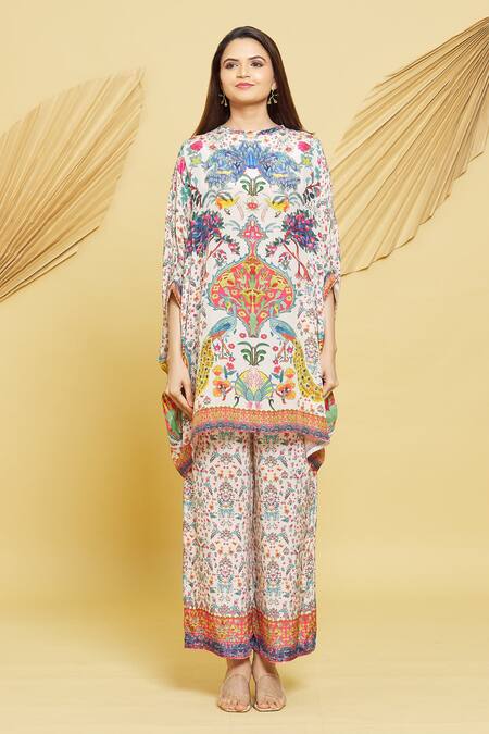 Rajat K Tangri Ivory Crew Neck Botanical Pattern Kaftan And Pant Set Online at Aza Fashions Rajat K Tangri_Ivory Crew Neck Botanical Pattern Kaftan And Pant Set _Online_at_Aza_Fashions