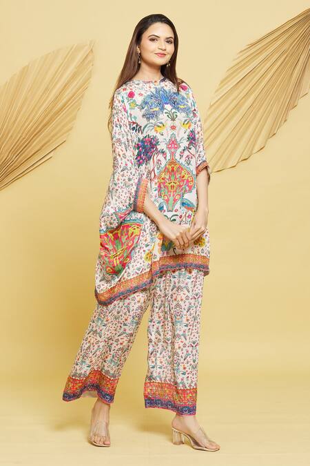 Buy Rajat K Tangri Ivory Crew Neck Botanical Pattern Kaftan And Pant Set Online at Aza Fashions Buy_Rajat K Tangri_Ivory Crew Neck Botanical Pattern Kaftan And Pant Set _Online_at_Aza_Fashions