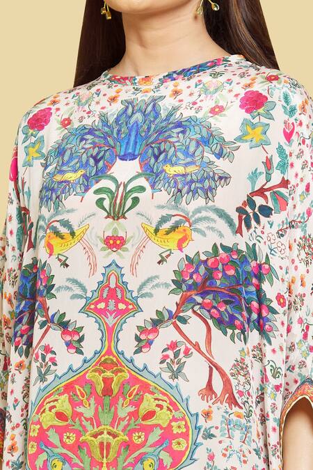 Shop Rajat K Tangri Ivory Crew Neck Botanical Pattern Kaftan And Pant Set Online at Aza Fashions Shop_Rajat K Tangri_Ivory Crew Neck Botanical Pattern Kaftan And Pant Set _Online_at_Aza_Fashions