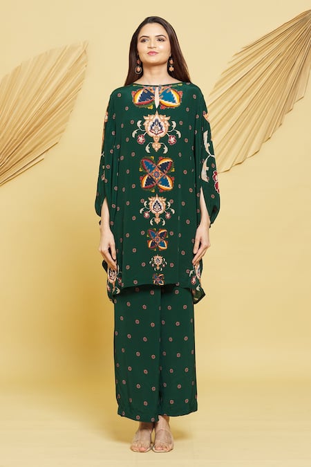 Rajat K Tangri Green Boat Neck Abstract Floral Kaftan And Pant Set Online at Aza Fashions Rajat K Tangri_Green Boat Neck Abstract Floral Kaftan And Pant Set _Online_at_Aza_Fashions