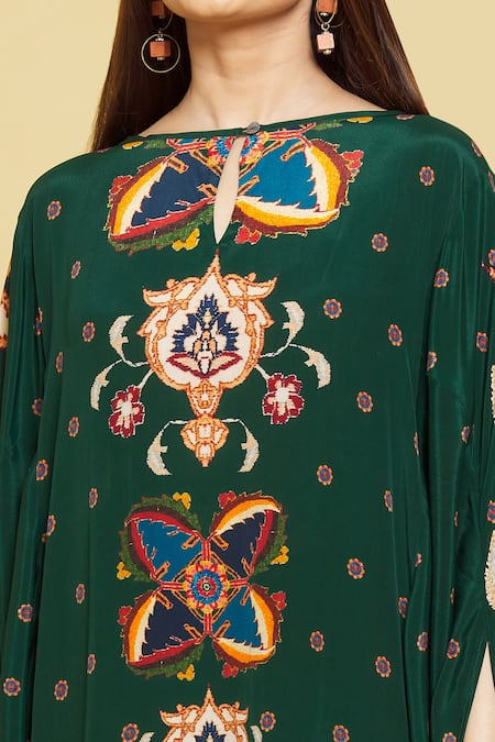 Shop Rajat K Tangri Green Boat Neck Abstract Floral Kaftan And Pant Set Online at Aza Fashions Shop_Rajat K Tangri_Green Boat Neck Abstract Floral Kaftan And Pant Set _Online_at_Aza_Fashions