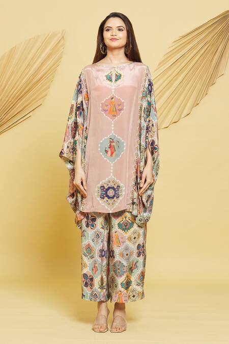 Rajat K Tangri Multi Color Crepe Boat Neck Mughal Jaal Pattern Kaftan Tunic And Pant Set Online at Aza Fashions Rajat K Tangri_Multi Color Crepe Boat Neck Mughal Jaal Pattern Kaftan Tunic And Pant Set _Online_at_Aza_Fashions