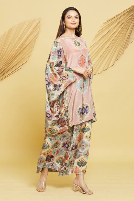 Buy Rajat K Tangri Multi Color Crepe Boat Neck Mughal Jaal Pattern Kaftan Tunic And Pant Set Online at Aza Fashions Buy_Rajat K Tangri_Multi Color Crepe Boat Neck Mughal Jaal Pattern Kaftan Tunic And Pant Set _Online_at_Aza_Fashions