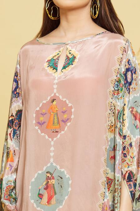 Shop Rajat K Tangri Multi Color Crepe Boat Neck Mughal Jaal Pattern Kaftan Tunic And Pant Set Online at Aza Fashions Shop_Rajat K Tangri_Multi Color Crepe Boat Neck Mughal Jaal Pattern Kaftan Tunic And Pant Set _Online_at_Aza_Fashions