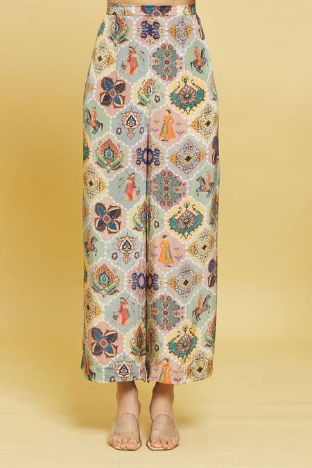 Rajat K Tangri Multi Color Crepe Boat Neck Mughal Jaal Pattern Kaftan Tunic And Pant Set at Aza Fashions Rajat K Tangri_Multi Color Crepe Boat Neck Mughal Jaal Pattern Kaftan Tunic And Pant Set _at_Aza_Fashions