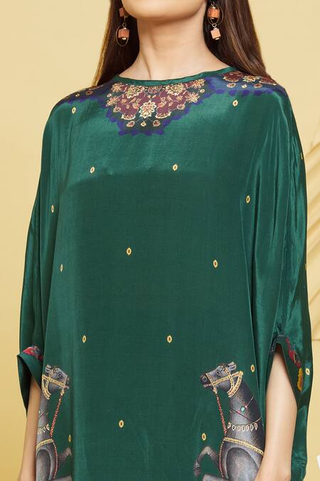 Shop Rajat K Tangri Green Boat Neck Mughal Horse Pattern Kaftan And Pant Set Online at Aza Fashions Shop_Rajat K Tangri_Green Boat Neck Mughal Horse Pattern Kaftan And Pant Set _Online_at_Aza_Fashions
