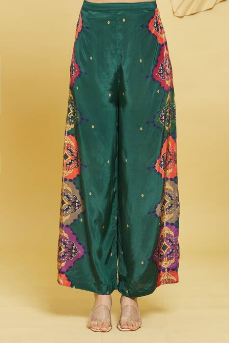 Rajat K Tangri Green Boat Neck Mughal Horse Pattern Kaftan And Pant Set at Aza Fashions Rajat K Tangri_Green Boat Neck Mughal Horse Pattern Kaftan And Pant Set _at_Aza_Fashions