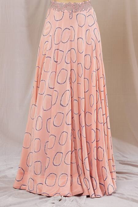 Nupur Kanoi Pink Crepe Beads Round Neck Abstract Circle Print Lehenga And Top Set at Aza Fashions Nupur Kanoi_Pink Crepe Beads Round Neck Abstract Circle Print Lehenga And Top Set_at_Aza_Fashions