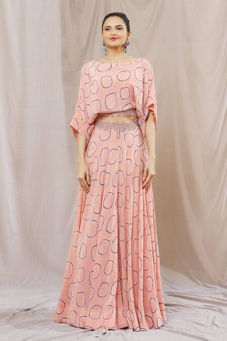 Nupur Kanoi Pink Crepe Beads Round Neck Abstract Circle Print Lehenga And Top Set Online at Aza Fashions Nupur Kanoi_Pink Crepe Beads Round Neck Abstract Circle Print Lehenga And Top Set_Online_at_Aza_Fashions