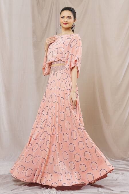 Shop Nupur Kanoi Pink Crepe Beads Round Neck Abstract Circle Print Lehenga And Top Set Online at Aza Fashions Shop_Nupur Kanoi_Pink Crepe Beads Round Neck Abstract Circle Print Lehenga And Top Set_Online_at_Aza_Fashions