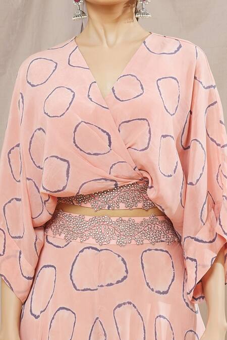 Nupur Kanoi Pink Crepe Beads V-neck Abstract Circle Print Sharara And Top Set Online at Aza Fashions Nupur Kanoi_Pink Crepe Beads V-neck Abstract Circle Print Sharara And Top Set_Online_at_Aza_Fashions