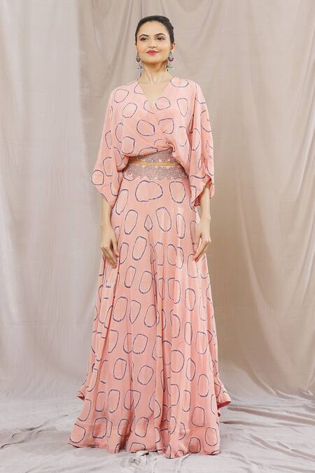 Buy Nupur Kanoi Pink Crepe Beads V-neck Abstract Circle Print Sharara And Top Set Online at Aza Fashions Buy_Nupur Kanoi_Pink Crepe Beads V-neck Abstract Circle Print Sharara And Top Set_Online_at_Aza_Fashions