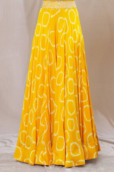 Nupur Kanoi_Yellow Crepe Print Abstract Circle Round Spiral Lehenga And Top Set  _at_Aza_Fashions