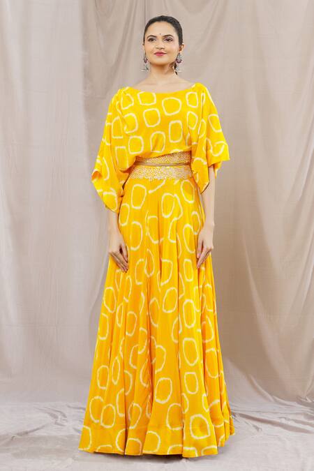 Nupur Kanoi_Yellow Crepe Print Abstract Circle Round Spiral Lehenga And Top Set  _Online_at_Aza_Fashions