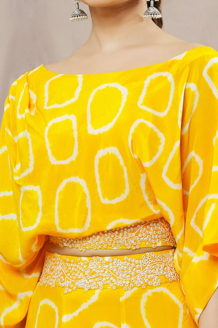 Buy_Nupur Kanoi_Yellow Crepe Print Abstract Circle Round Spiral Lehenga And Top Set  _Online_at_Aza_Fashions