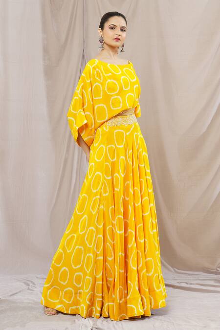 Shop_Nupur Kanoi_Yellow Crepe Print Abstract Circle Round Spiral Lehenga And Top Set  _Online_at_Aza_Fashions