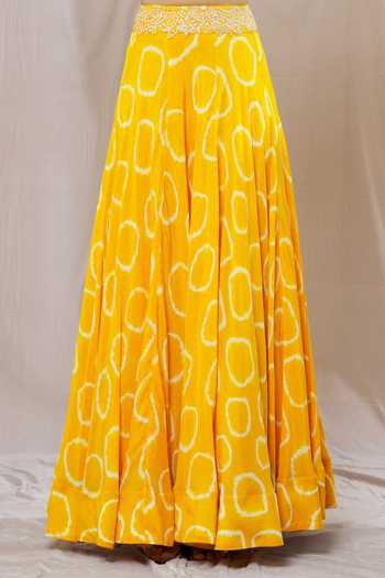 Nupur Kanoi_Yellow Crepe, Canvas Sequins, Abstract Spiral Print Lehenga Kaftan Jacket Set_at_Aza_Fashions