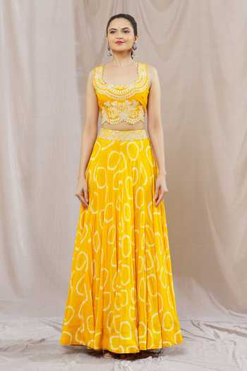 Nupur Kanoi_Yellow Crepe, Canvas Sequins, Abstract Spiral Print Lehenga Kaftan Jacket Set_Online_at_Aza_Fashions