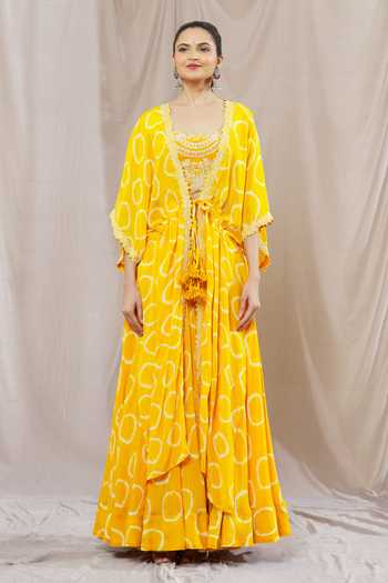 Buy_Nupur Kanoi_Yellow Crepe, Canvas Sequins, Abstract Spiral Print Lehenga Kaftan Jacket Set_Online_at_Aza_Fashions