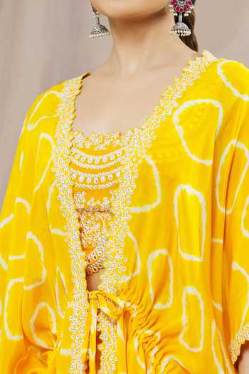 Shop_Nupur Kanoi_Yellow Crepe, Canvas Sequins, Abstract Spiral Print Lehenga Kaftan Jacket Set_Online_at_Aza_Fashions