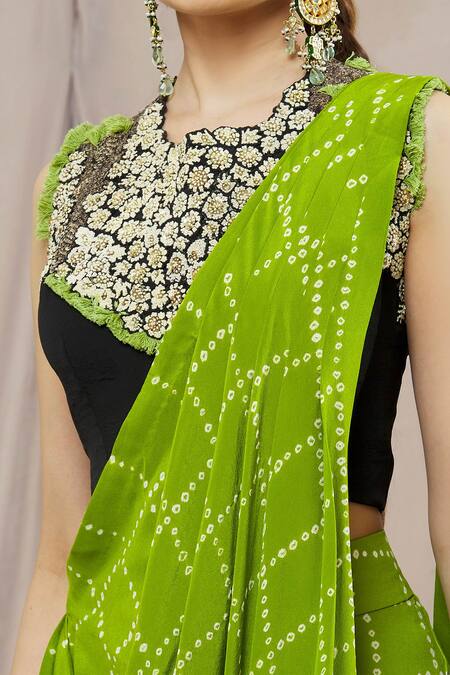 Nupur Kanoi_Green Crepe Sequins, Zari, Beads Round Bandhani Print Dhoti Saree With Blouse_Online_at_Aza_Fashions