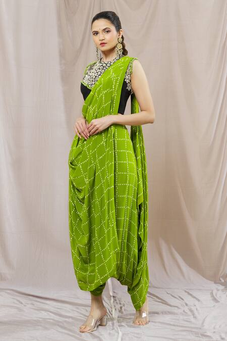 Shop_Nupur Kanoi_Green Crepe Sequins, Zari, Beads Round Bandhani Print Dhoti Saree With Blouse_Online_at_Aza_Fashions