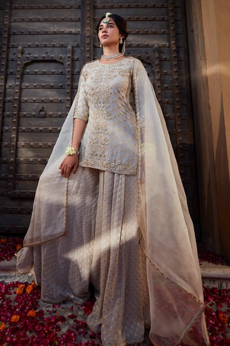 Buy_Kritika Dawar_Ivory Georgette, Organza Gota Patti, Pearls Round Embroidered Kurta Sharara Set _Online_at_Aza_Fashions