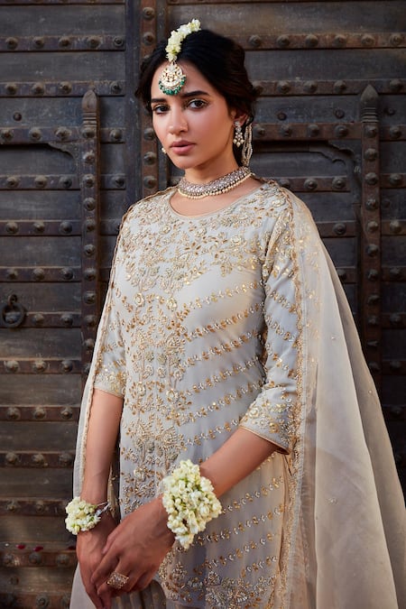 Shop_Kritika Dawar_Ivory Georgette, Organza Gota Patti, Pearls Round Embroidered Kurta Sharara Set _Online_at_Aza_Fashions