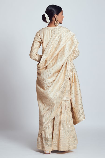Shop_Sheetal Batra_Beige Banarasi, Chanderi Silk Round Kurta Sharara Set _at_Aza_Fashions