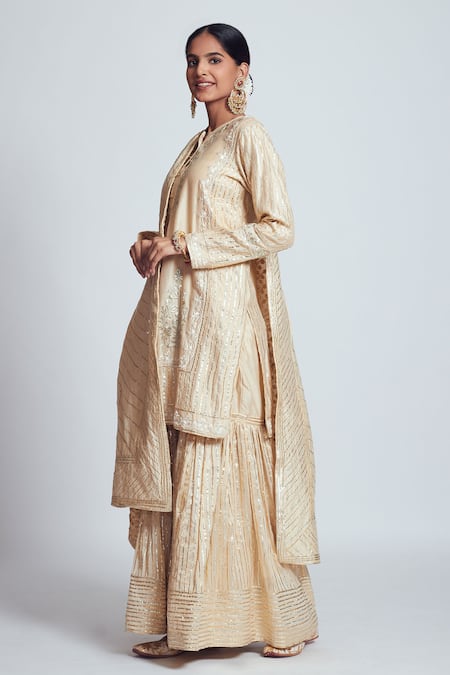 Sheetal Batra_Beige Banarasi, Chanderi Silk Round Kurta Sharara Set _Online_at_Aza_Fashions
