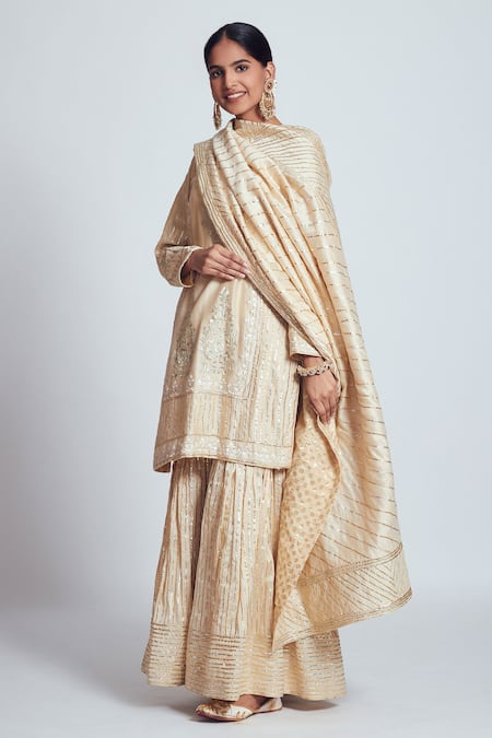 Buy_Sheetal Batra_Beige Banarasi, Chanderi Silk Round Kurta Sharara Set _Online_at_Aza_Fashions