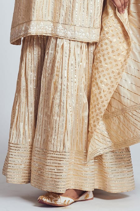 Shop_Sheetal Batra_Beige Banarasi, Chanderi Silk Round Kurta Sharara Set _Online_at_Aza_Fashions