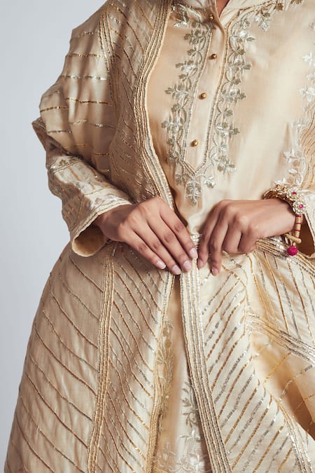 Sheetal Batra_Beige Banarasi, Chanderi Silk Round Kurta Sharara Set _at_Aza_Fashions