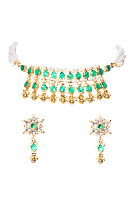Shop_Namasya_Gold Plated Pearls, Beads Kundan Pendant Choker Set _at_Aza_Fashions