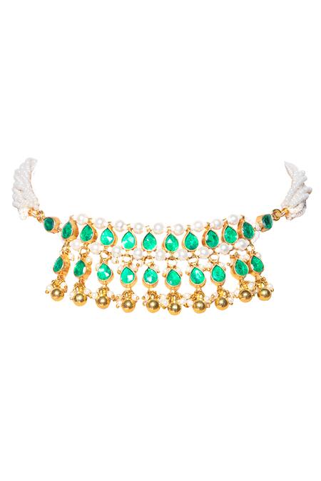 Namasya_Gold Plated Pearls, Beads Kundan Pendant Choker Set _Online_at_Aza_Fashions
