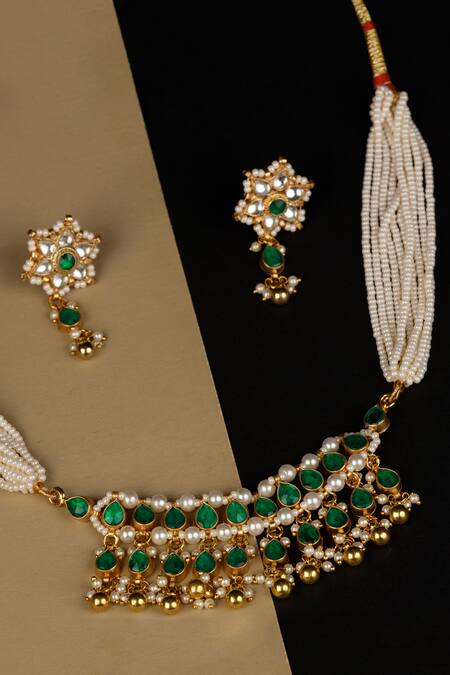 Buy_Namasya_Gold Plated Pearls, Beads Kundan Pendant Choker Set _Online_at_Aza_Fashions