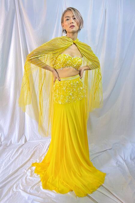 Buy_Maiti Shahani_Yellow Tulle, Viscose Georgette Sequins, Crystals, Glass Embroidered Lehenga Set _Online_at_Aza_Fashions