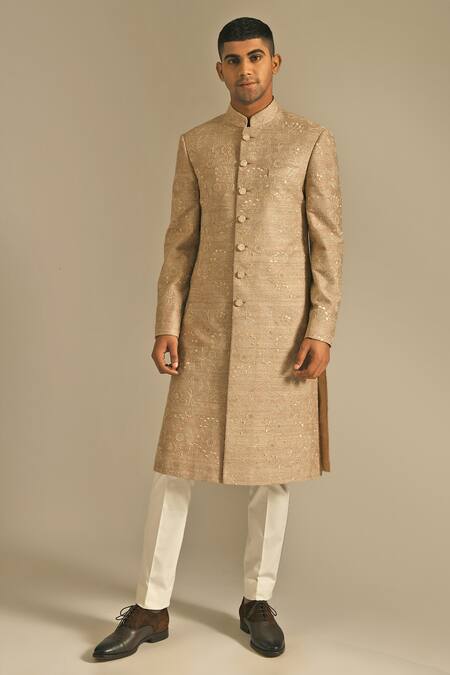 Dhruv Vaish_Beige Silk Embroidered Sherwani Set _Online_at_Aza_Fashions