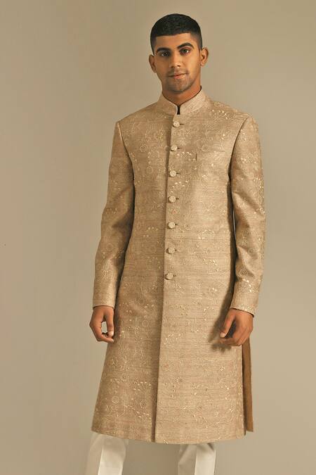 Buy Dhruv Vaish Beige Silk Embroidered Sherwani Set Online at Aza Fashions Buy_Dhruv Vaish_Beige Silk Embroidered Sherwani Set _Online_at_Aza_Fashions