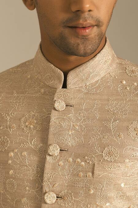 Shop_Dhruv Vaish_Beige Silk Embroidered Sherwani Set _Online_at_Aza_Fashions