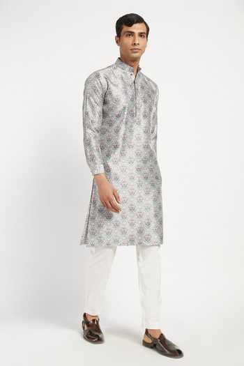 Rabani & Rakha_Grey Kurta Crepe Pant Cotton Silk Printed Set _Online_at_Aza_Fashions